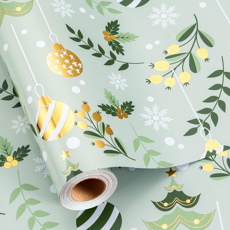 Retrify Light Green Wrapping Paper Roll - Metallic Gold Foil Bells, Berry and White Snowflake Mini Roll Gift Wrap Paper for Christmas Holiday Festive Decoration - 17 Inches x 32.8 Feet - Image 1